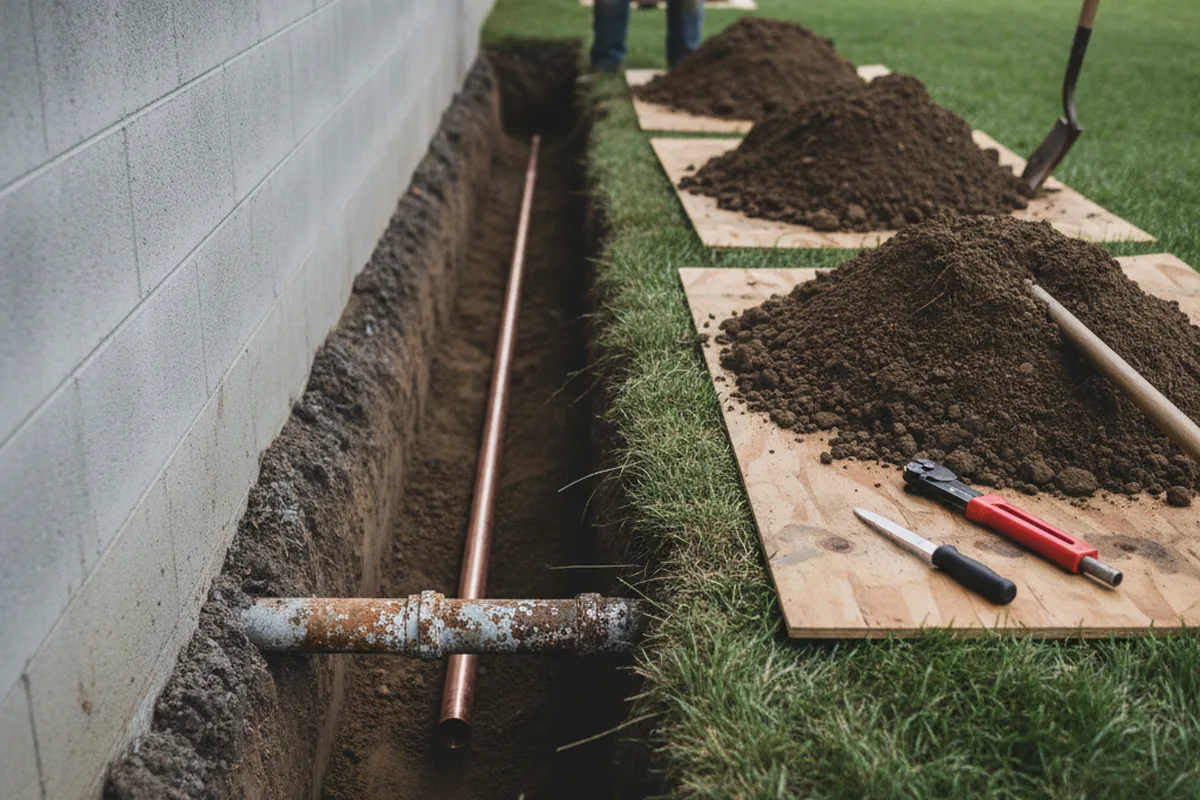 Excavated water line trench during Water Softener Installation in Stratford